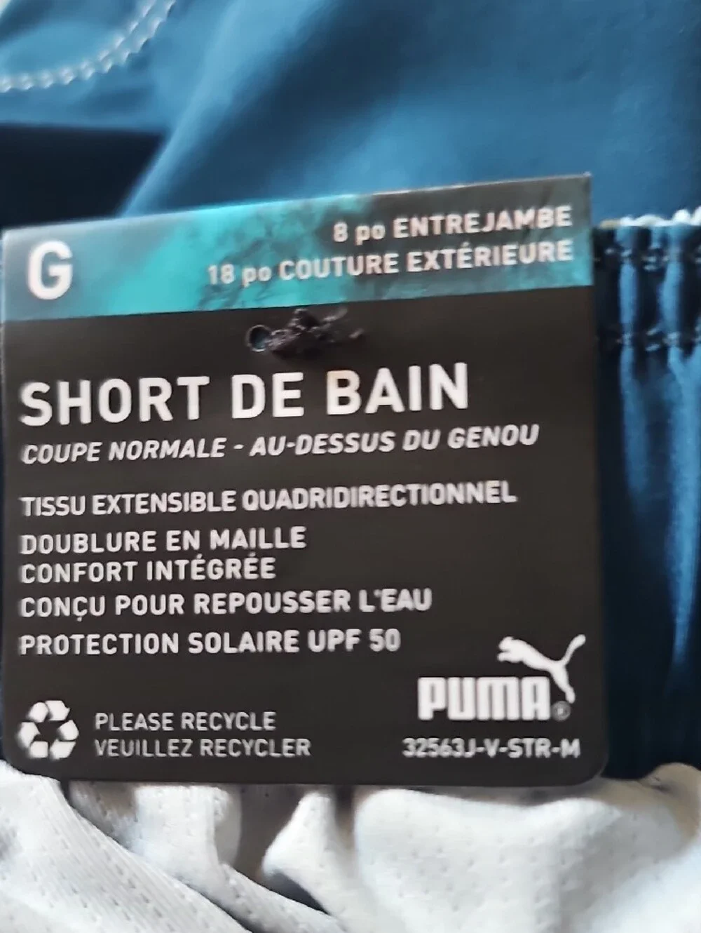 Puma Men’s Light Blue and Navy Swim Shorts with White Graphic Large